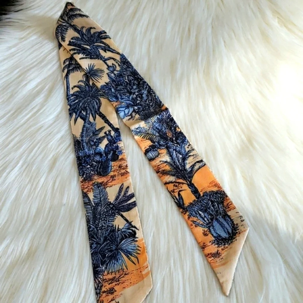 New Palm Print Silk Skinny Scarf Twilly